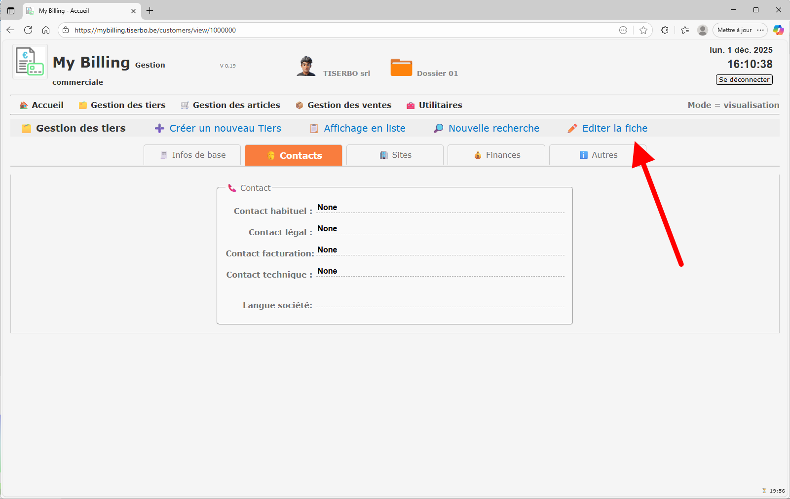 Onglet Contacts du tiers