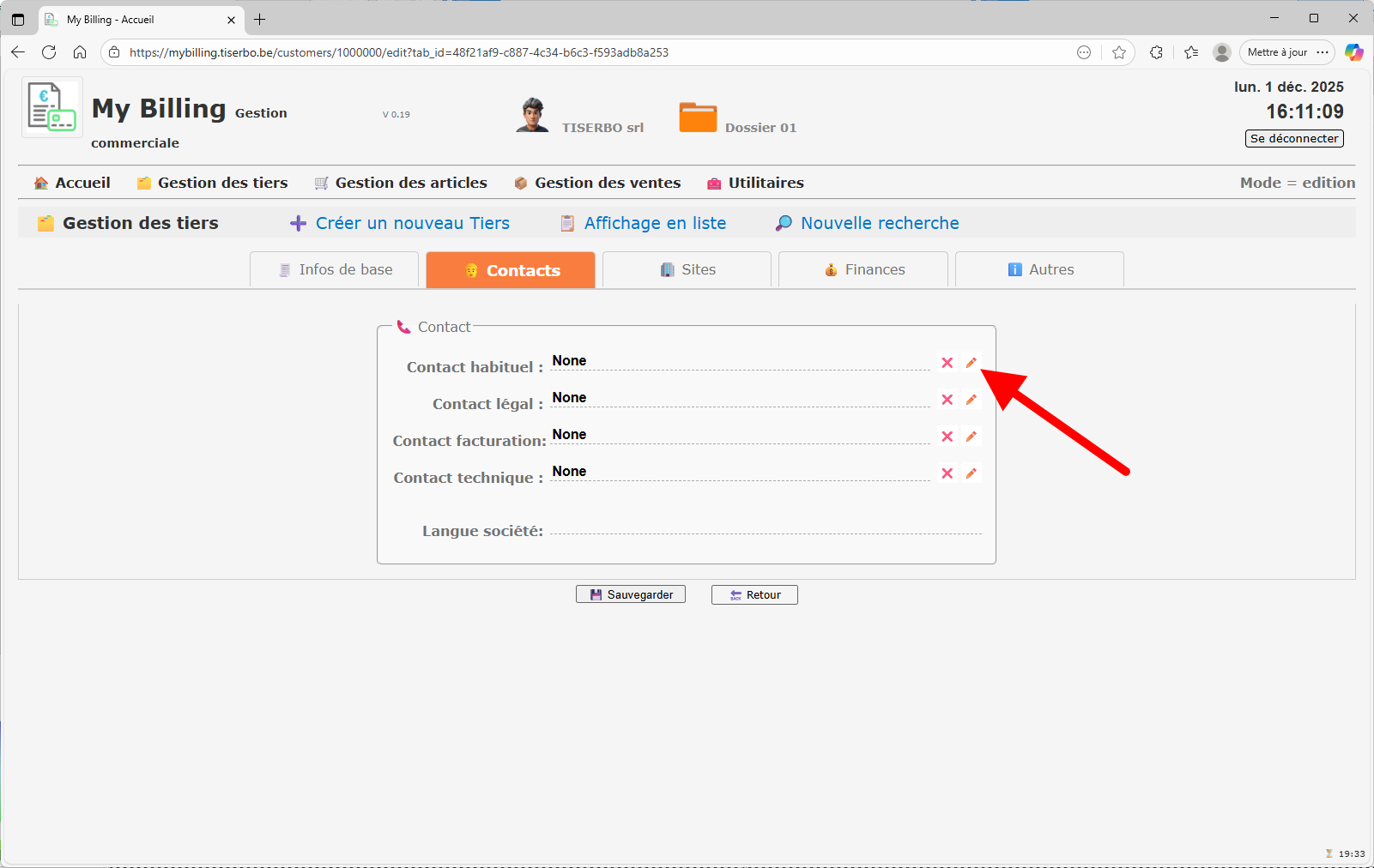 Icônes d’édition des contacts