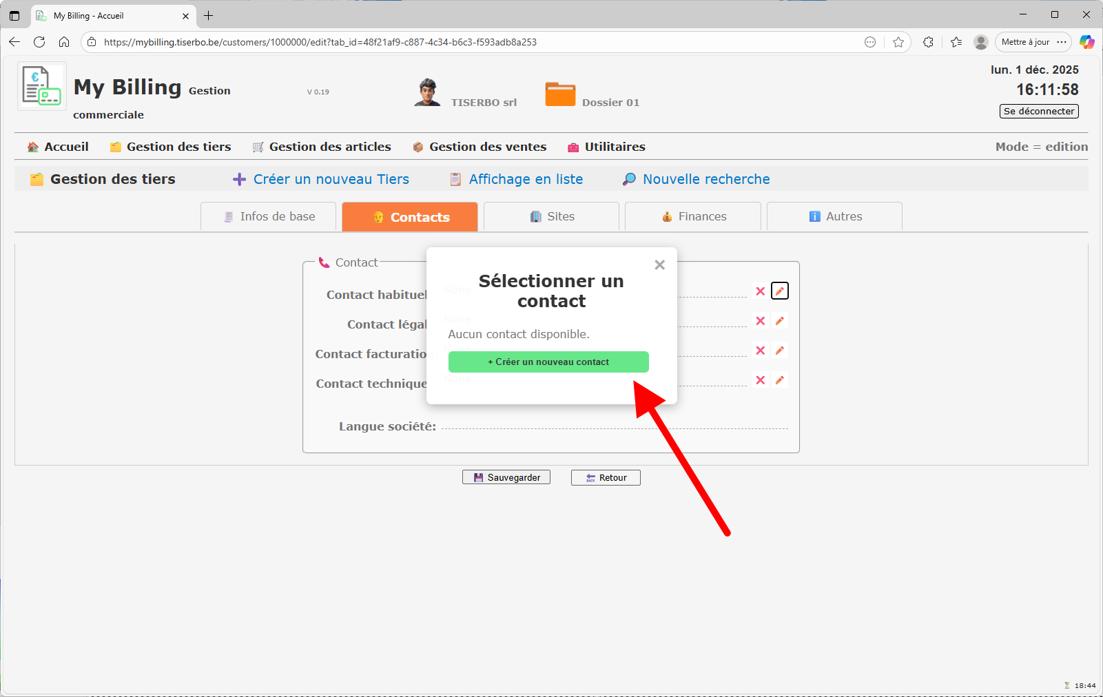 Fenêtre Sélectionner un contact