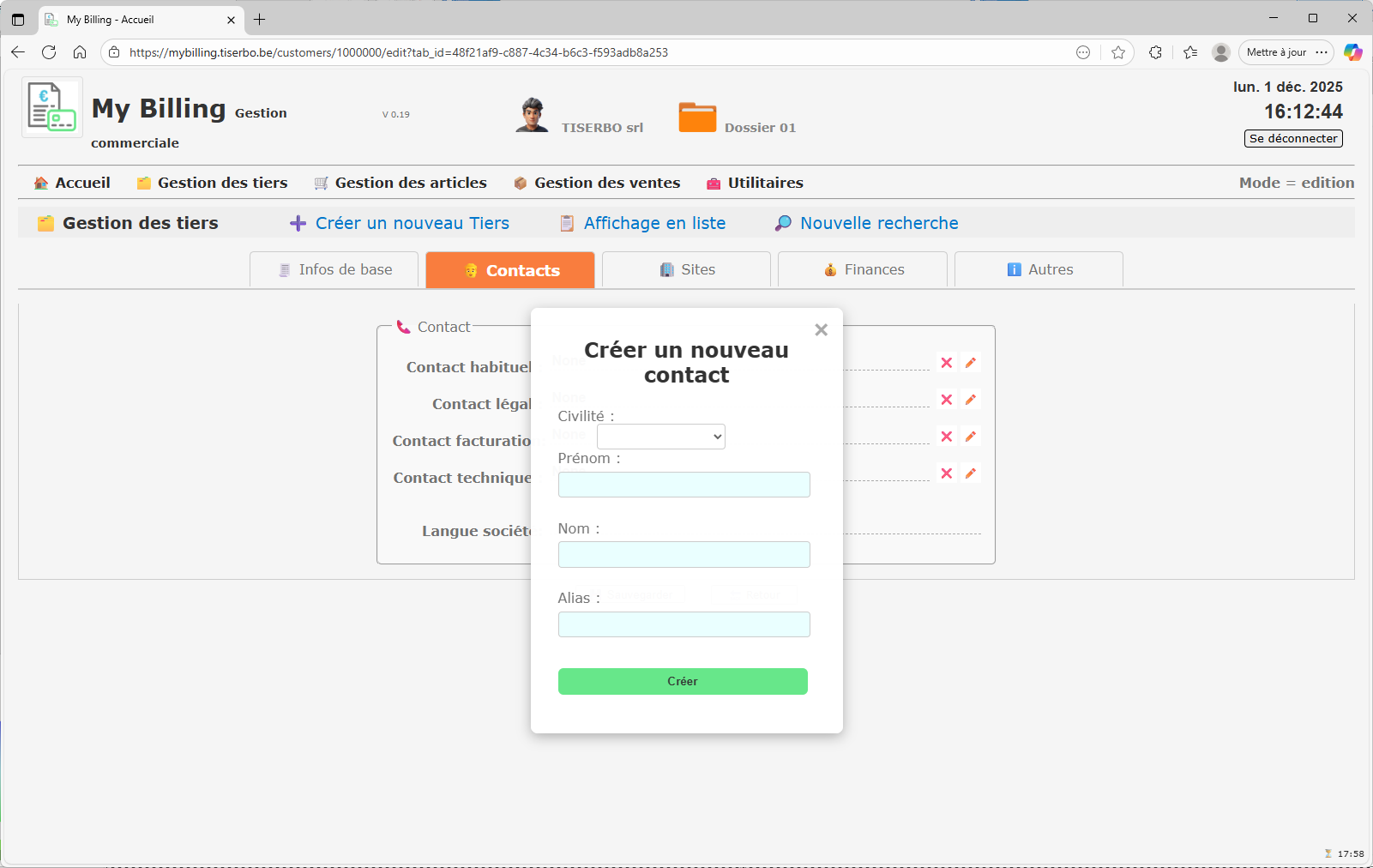 Création d’un nouveau contact