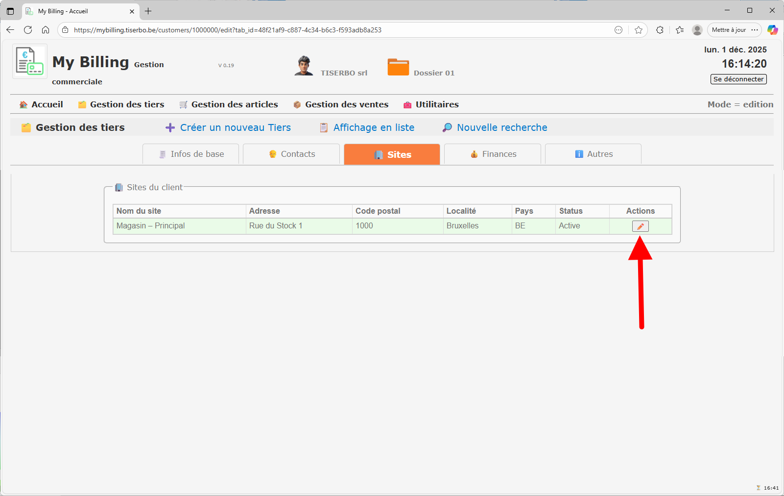 Onglet Sites en mode édition