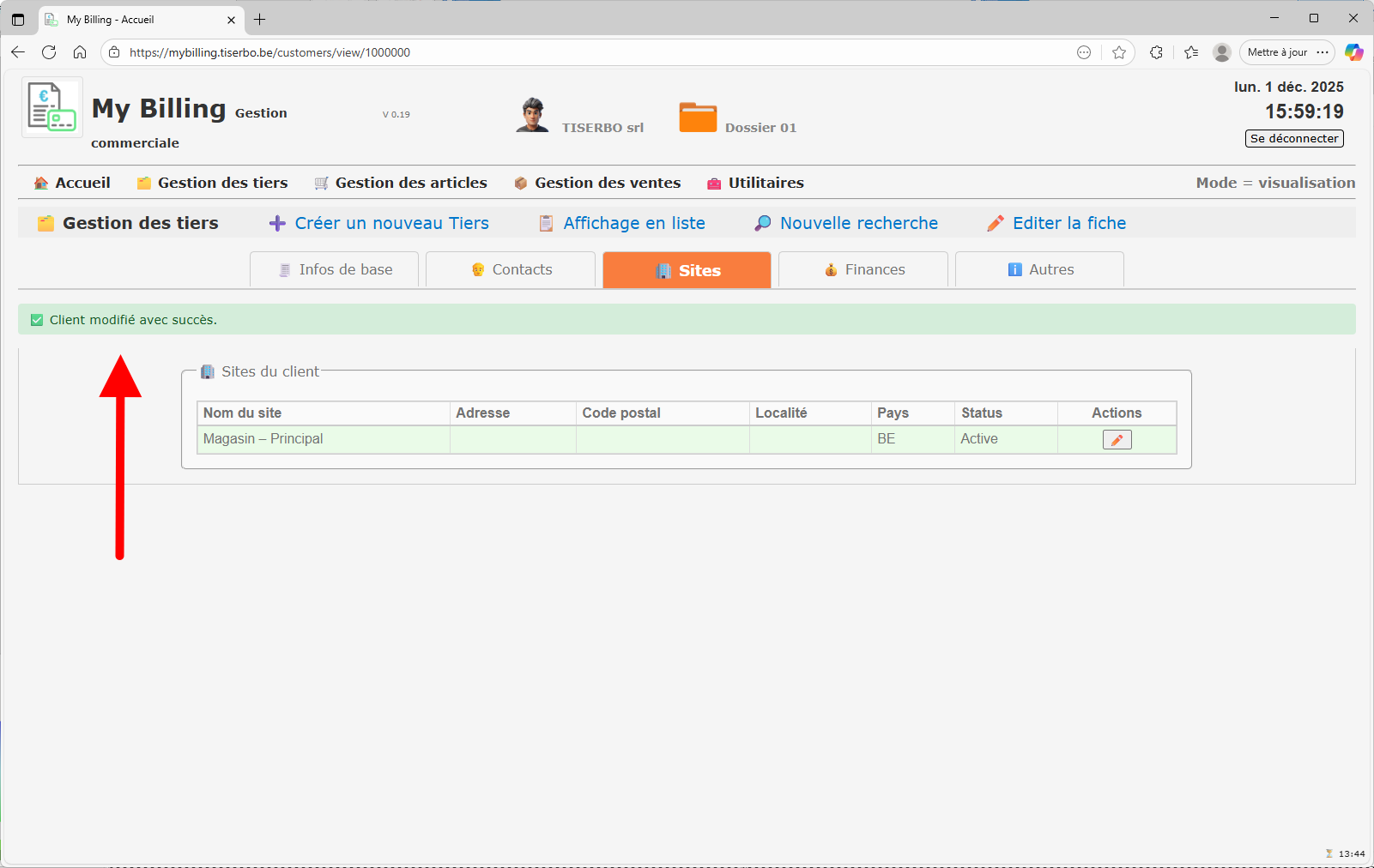 Client modifié avec succès – Sites