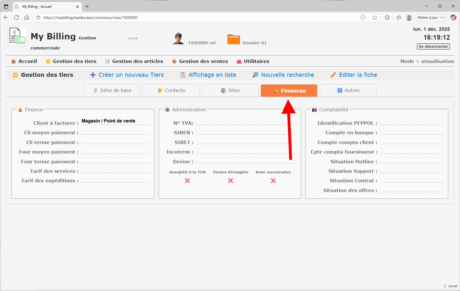 Onglet Finances en mode visualisation