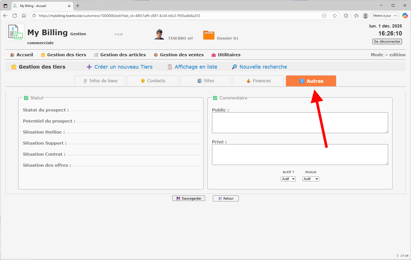 Onglet Autres en mode édition