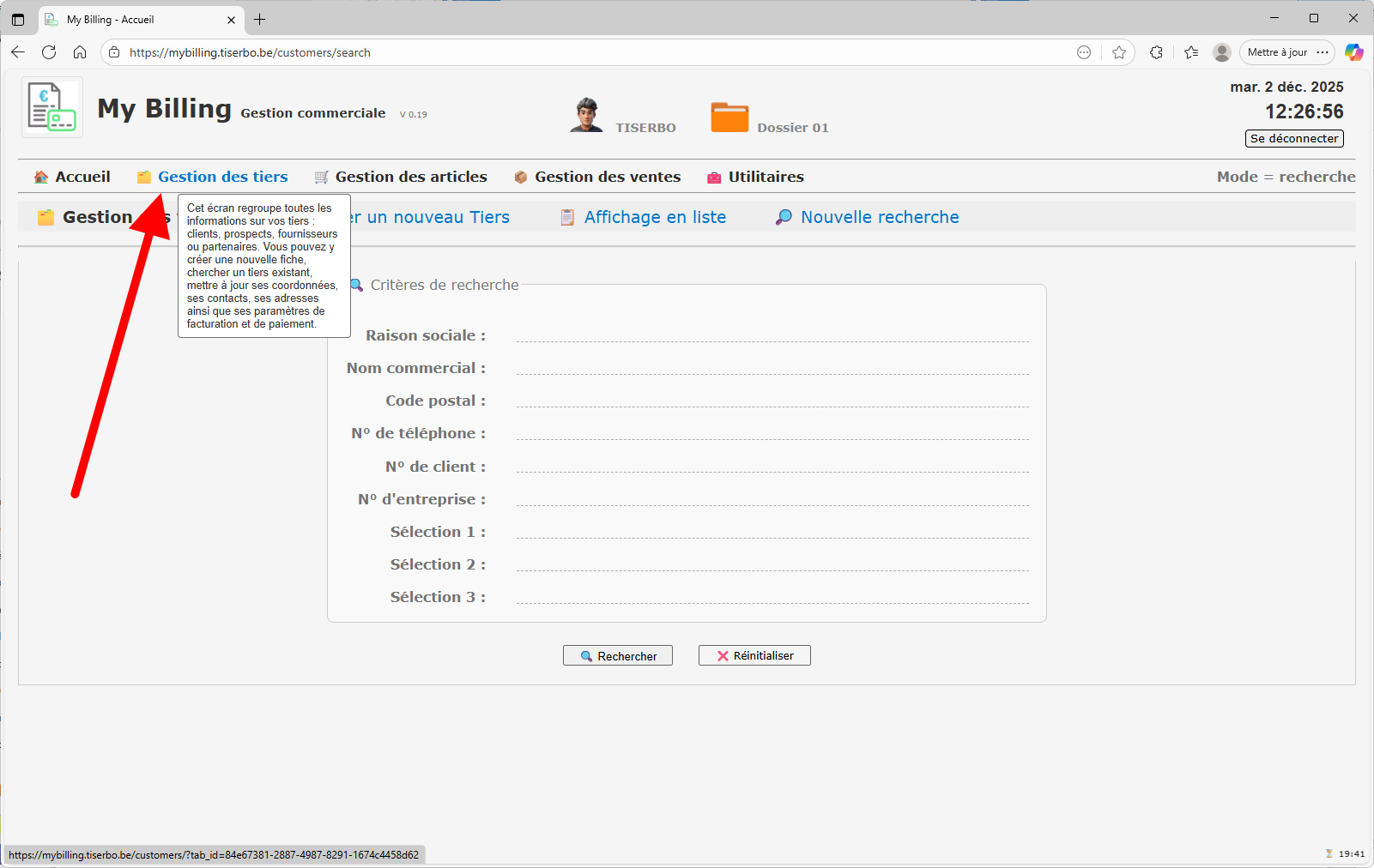 Écran de recherche des tiers avec lien de création