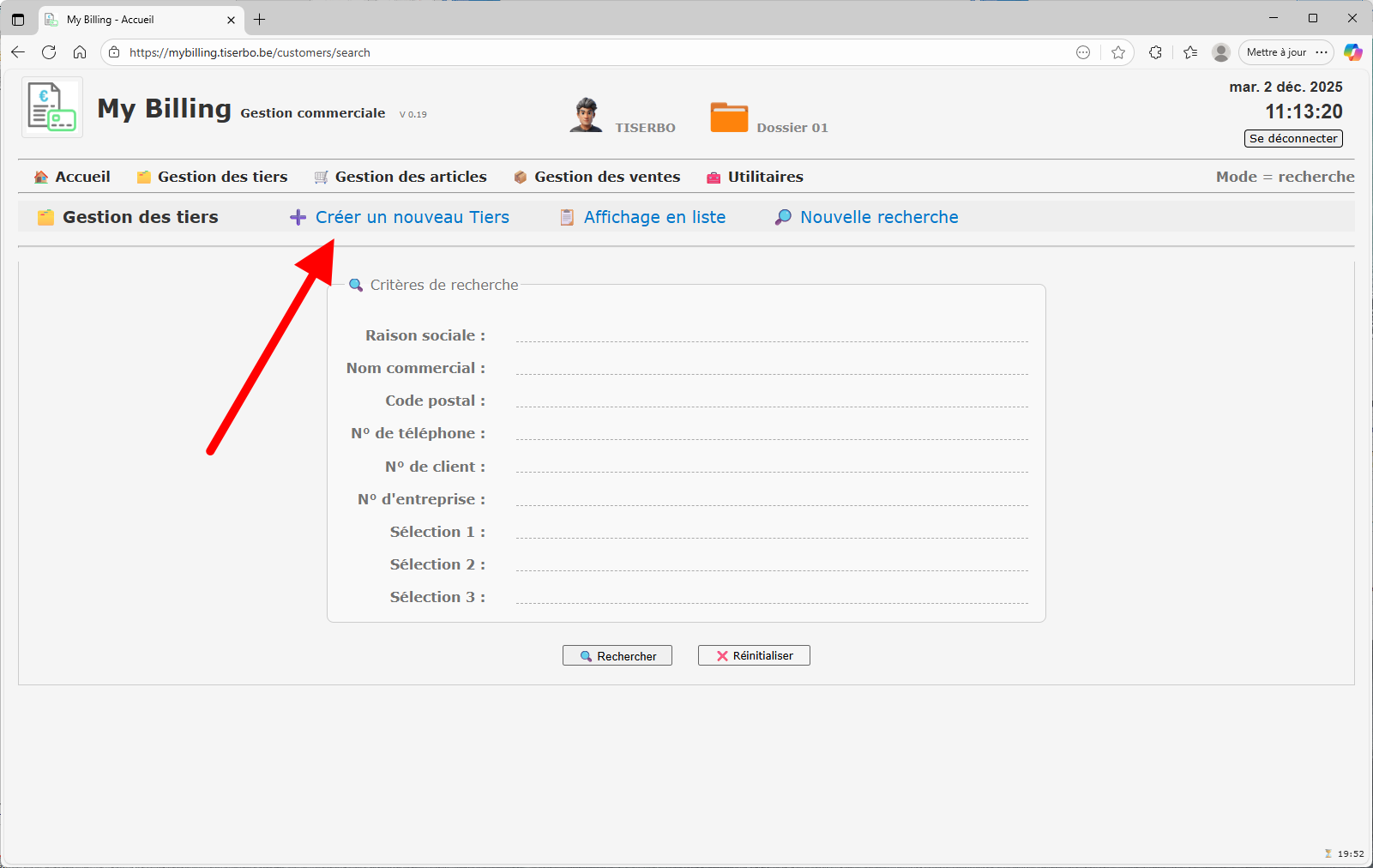 Fiche de création d’un nouveau tiers