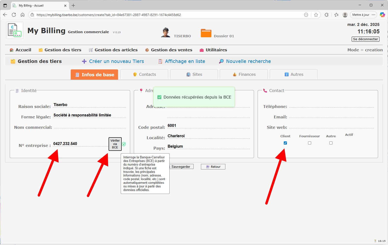 Données de la société récupérées via BCE