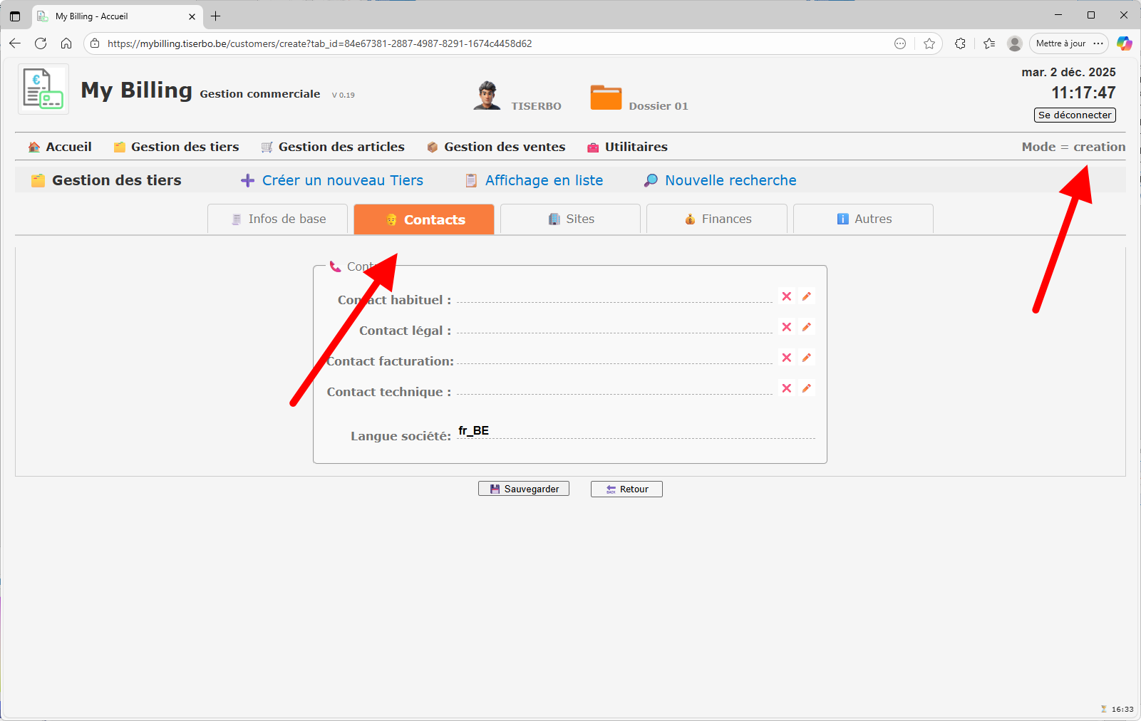 Onglet Contacts pour un tiers en création