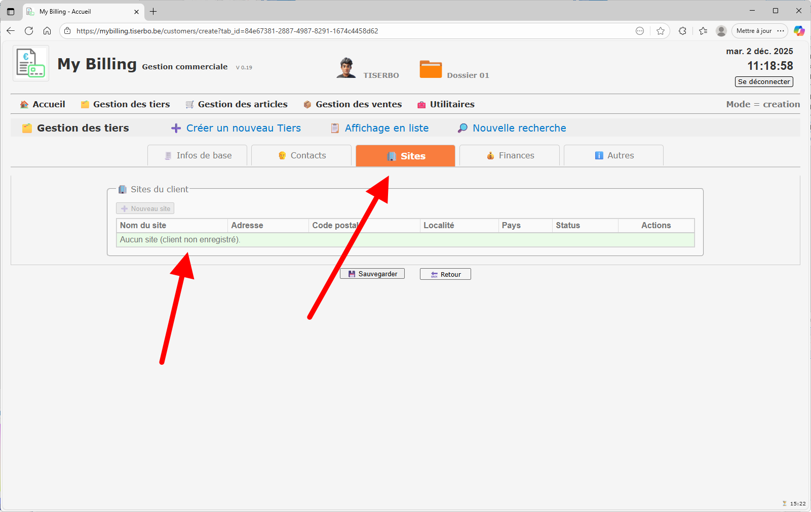 Onglet Sites pour un tiers en création