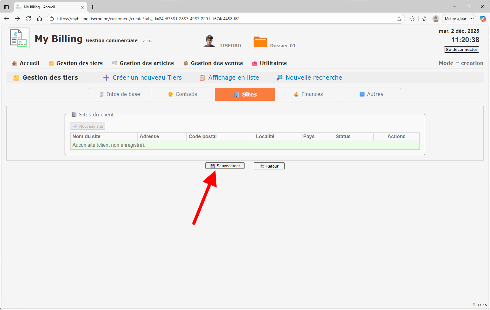 Bouton Sauvegarder pour créer le nouveau tiers