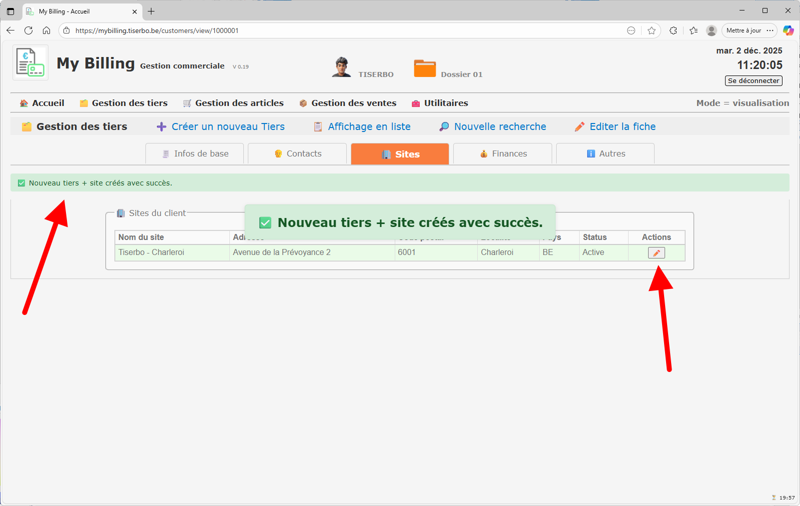 Message de confirmation nouveau tiers + site créés