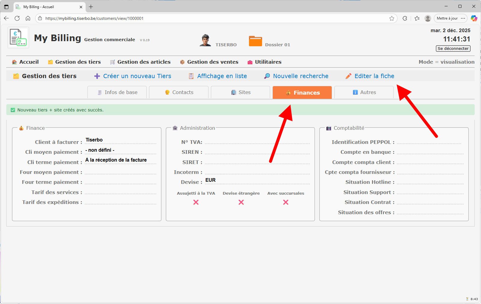 Onglet Finances en mode édition pour le nouveau tiers