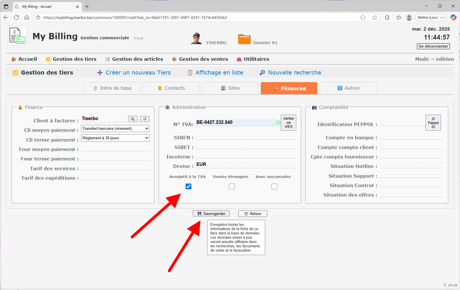 Bouton Peppol ID dans l’onglet Finances