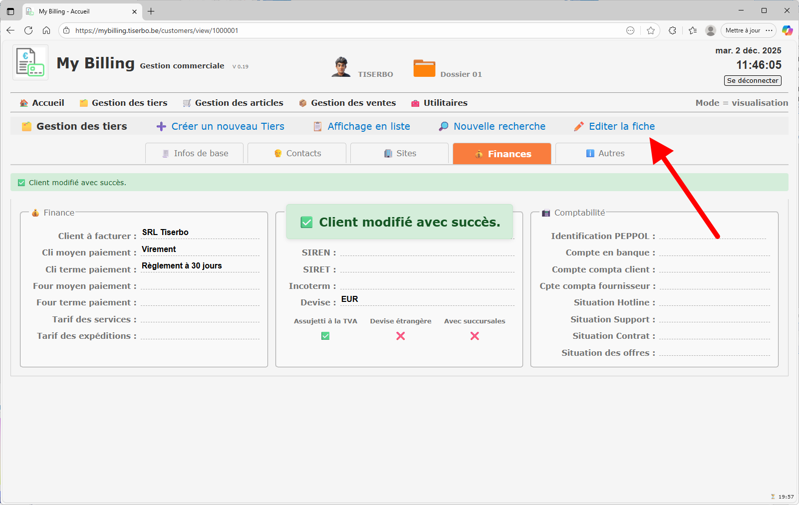 Sélection de l’identifiant Peppol pour le client
